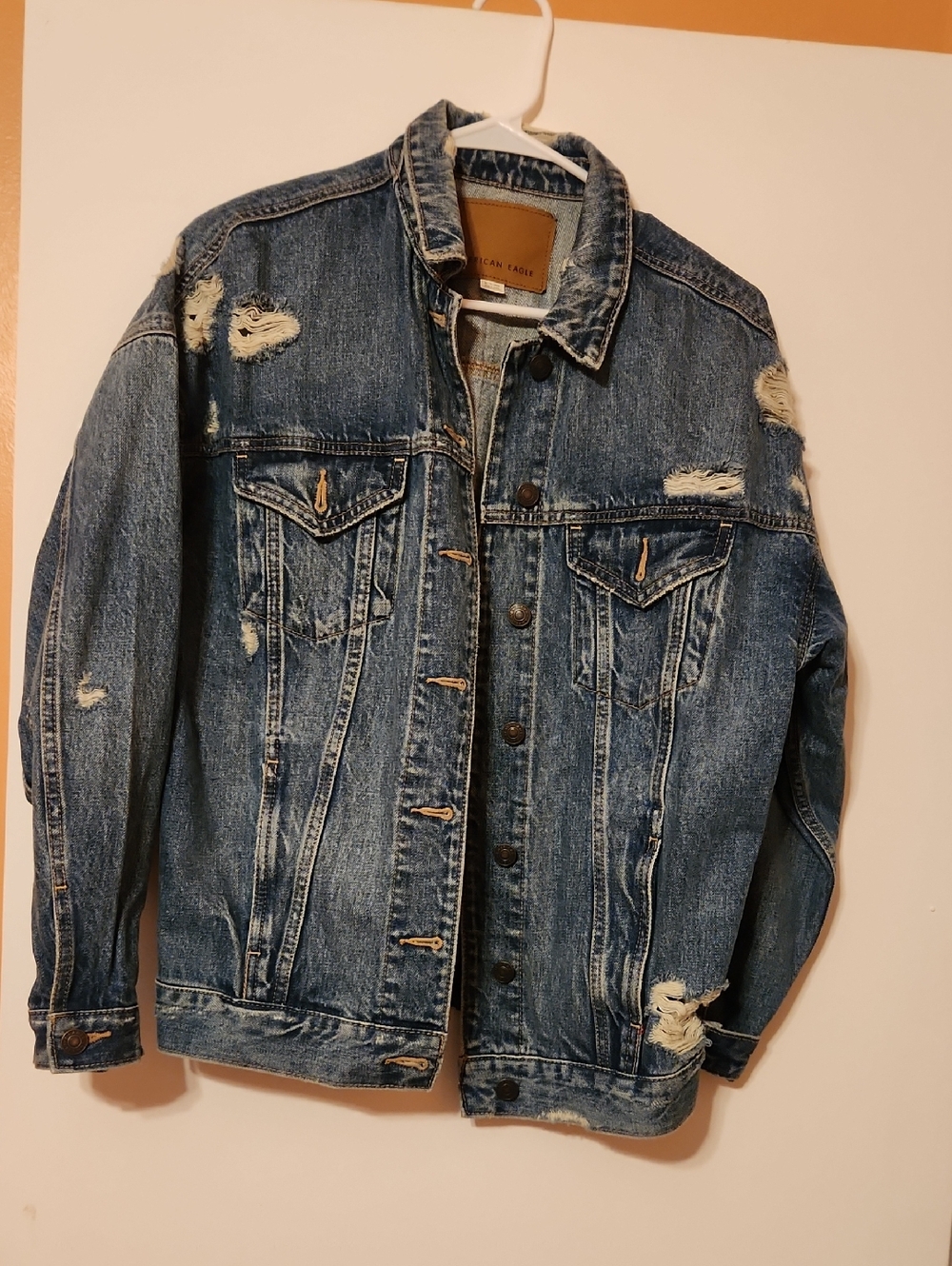 American Eagle Outfitters Distressed Dark Blue Denim Jacket - Women